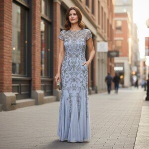 Adrianna Papell Beaded Godet Trumpet Gown Sz 4 Silver Gray #294H